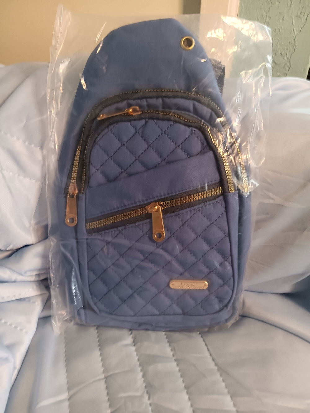 Quilted Blue Crossbody Sling Bag with Gold Accents